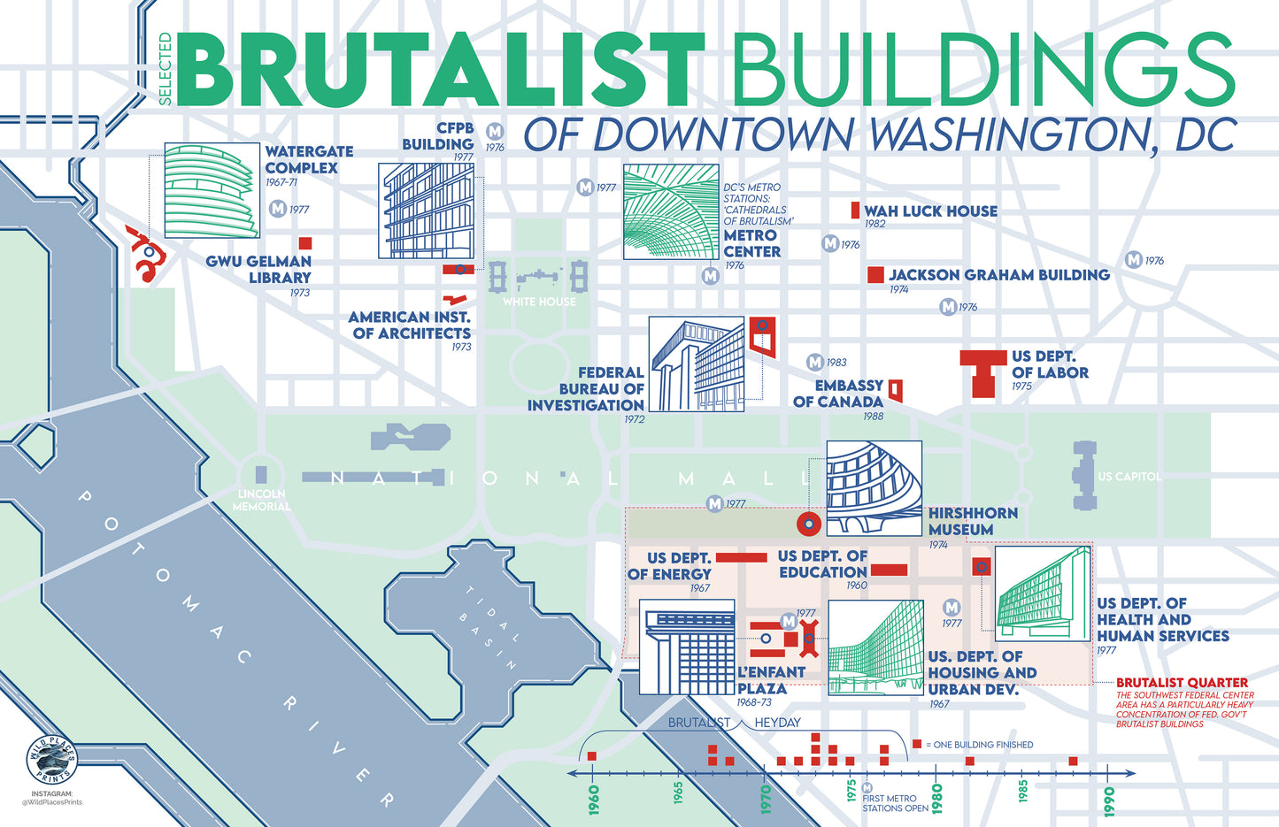 Brutalist Buildings of Downtown Washington DC map